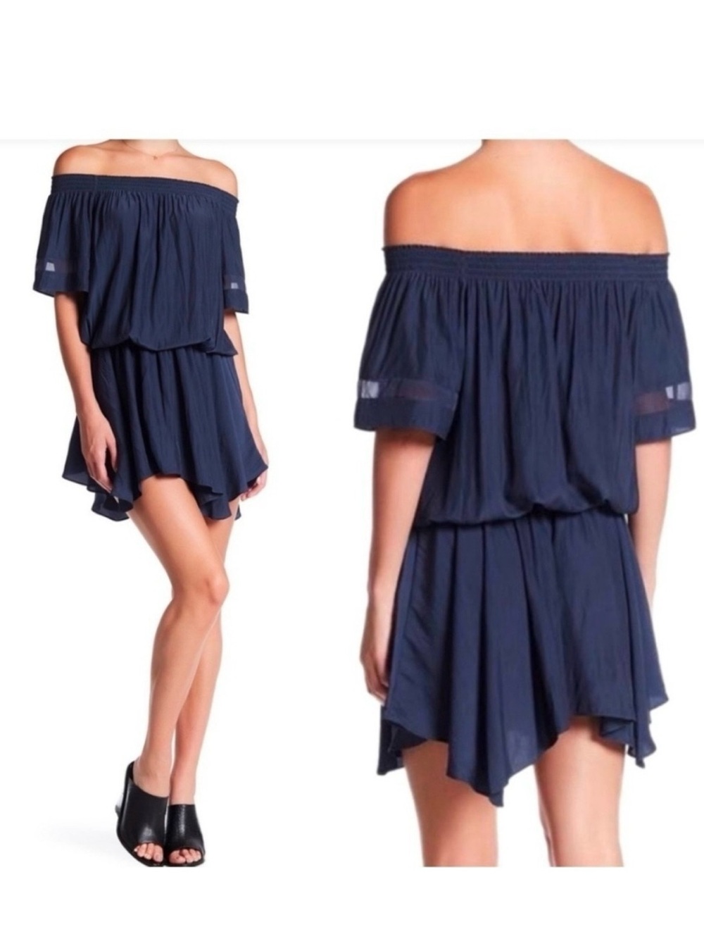 Ramy Brook Navy Off-Shoulder Handkerchief-Hem Mini Dress